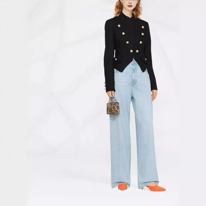 Damen Taillierter Kurzer Military‑Blazer mit Zierknöpfen und Stehkragen Echoarchiv