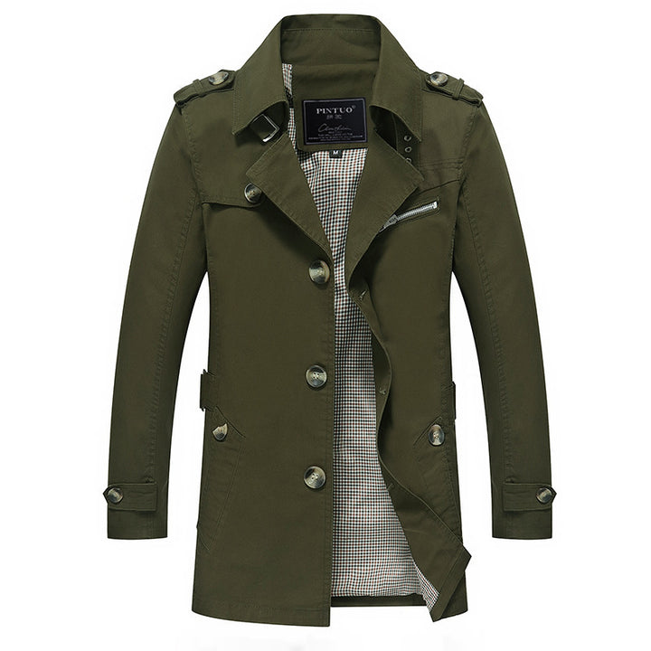 Herren Trenchcoat im Fieldstil mit Stehkragen, Schulterklappen und kariertem Innenfutter Echo Archiv