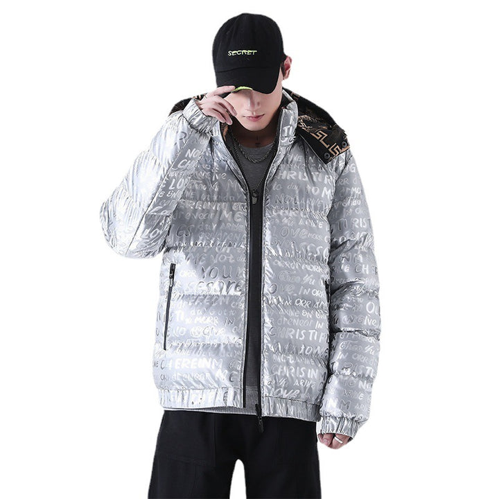 Herren Reflektierende gesteppte Daunenoptik-Überjacke mit Kapuze und Allover-Print Echoarchiv