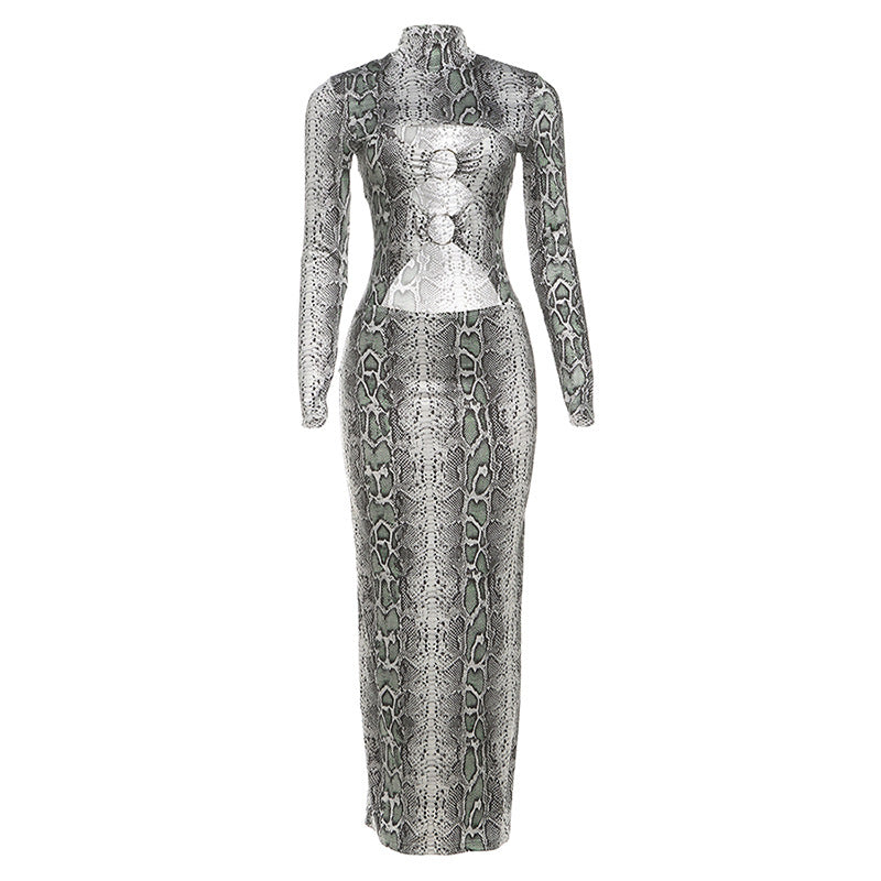Damen Maxikleid mit elegantem Schlangenhautmuster und hoch geschlossenem Kragen Echo Archiv