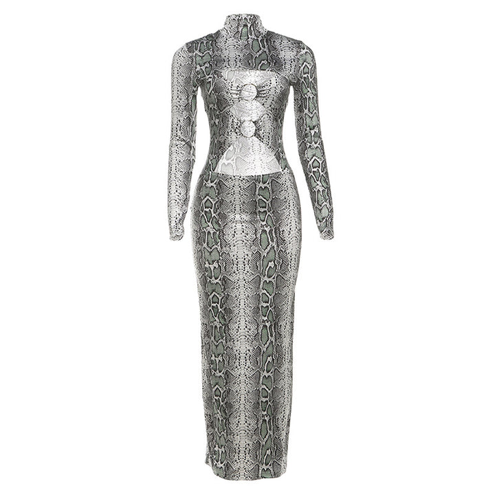 Damen Maxikleid mit elegantem Schlangenhautmuster und hoch geschlossenem Kragen Echo Archiv