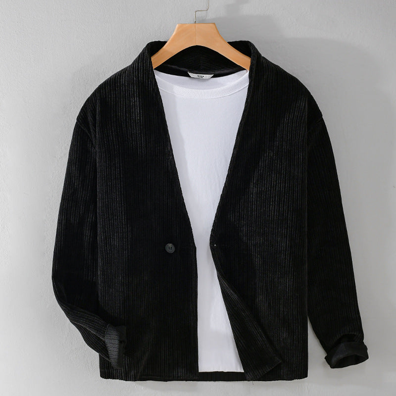 Herren Cord-Overshirt-Sakko mit V-Ausschnitt und Ein-Knopfverschluss Echoarchiv
