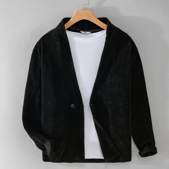 Herren Cord-Overshirt-Sakko mit V-Ausschnitt und Ein-Knopfverschluss Echoarchiv