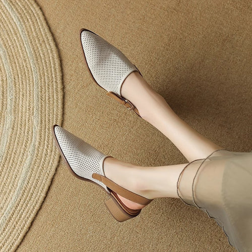Damen Spitz zulaufende Slipper mit Fersenriemen, perforiertem Obermaterial und bequemem Blockabsatz – Lioré