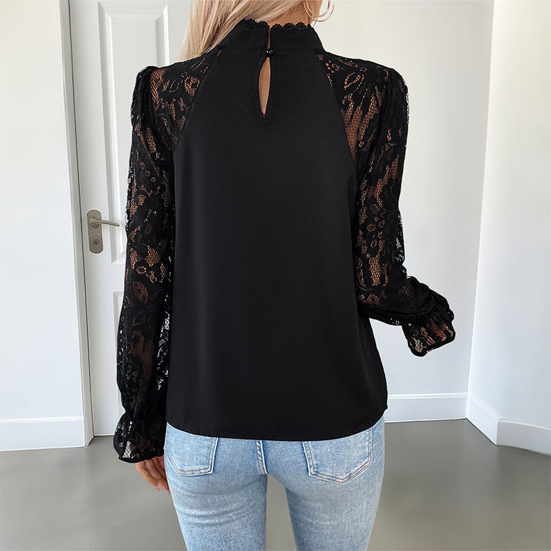 Damen Elegant-romantische Bluse mit gehäkelten Spitzenärmeln, Stehkragen und vertikalen Ziernähten Echoarchiv
