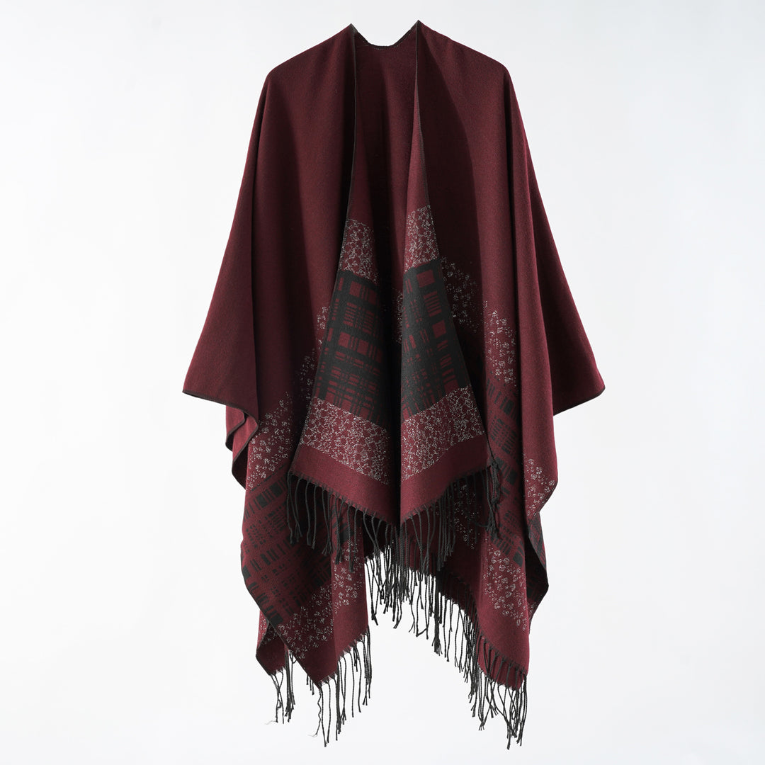 Damen Wollmix-Schulterponcho mit Jacquardmuster und Fransensaum Echo Archiv