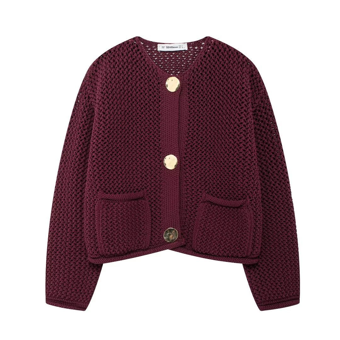Damen Strickjacke mit offener Netz-Struktur, Zierknöpfen und aufgesetzten Taschen – Célinea