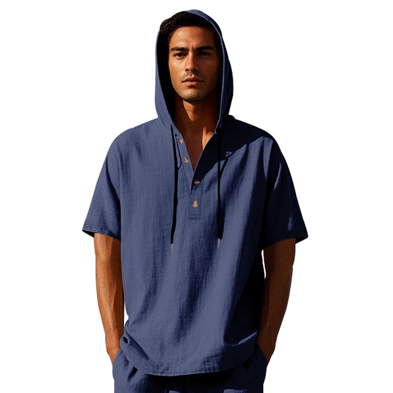 Herren lässiges Kapuzenshirt mit Knopfleiste und kurzer Arm Echoarchiv