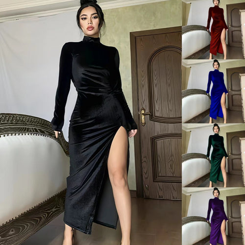 Damen Elegantes Samt-Maxi-Kleid mit hohem Schlitz und Stehkragen Echo Archiv
