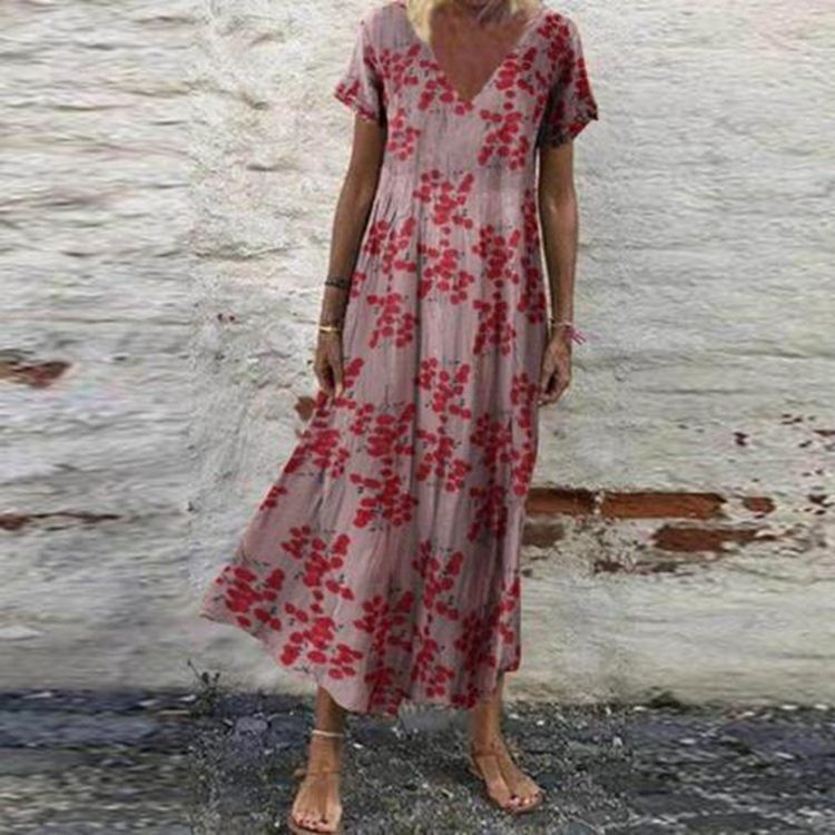 Damen nan V-Ausschnitt-Maxikleid mit feinem Faltenrock, Empire-Passe und Kurzarm Echo Archiv