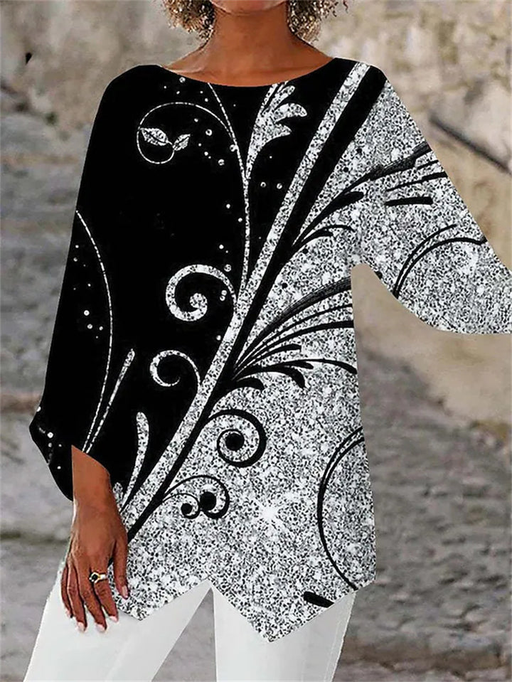 Damen asymmetrisches A-Linien-Tunika mit ornamentalem Druck und spitzem Saum Echoarchiv