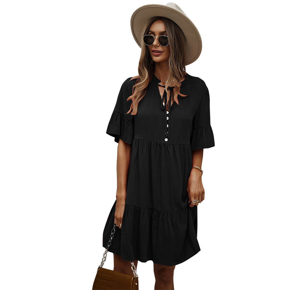 Damen Freizeitliches Kurzarm-Kleid mit femininem Rüschensaum und Knopfleiste Echo Archiv