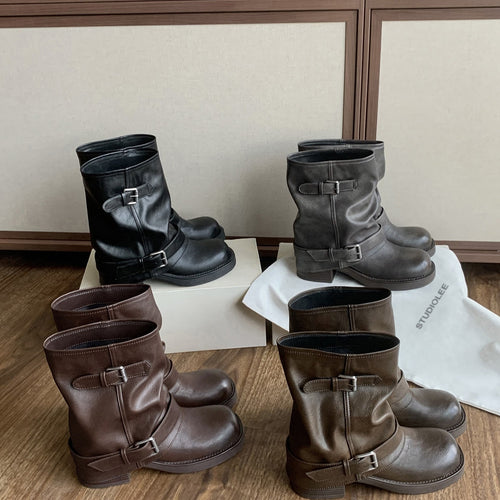 Damen Wadenhohe Bikerstiefel aus Glattleder mit Doppelschnallen und gerafftem Schaft Echo Archiv