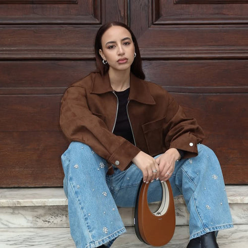 Damen Kurze Veloursleder‑Optik Jacke mit Reißverschluss und Oversize‑Ärmeln Echoarchiv