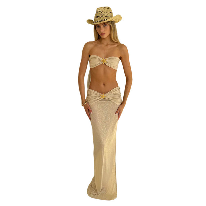 Damen Crop-Top und Maxirock Set mit eleganten Drapierungen und schimmernden Akzenten Echo Archiv