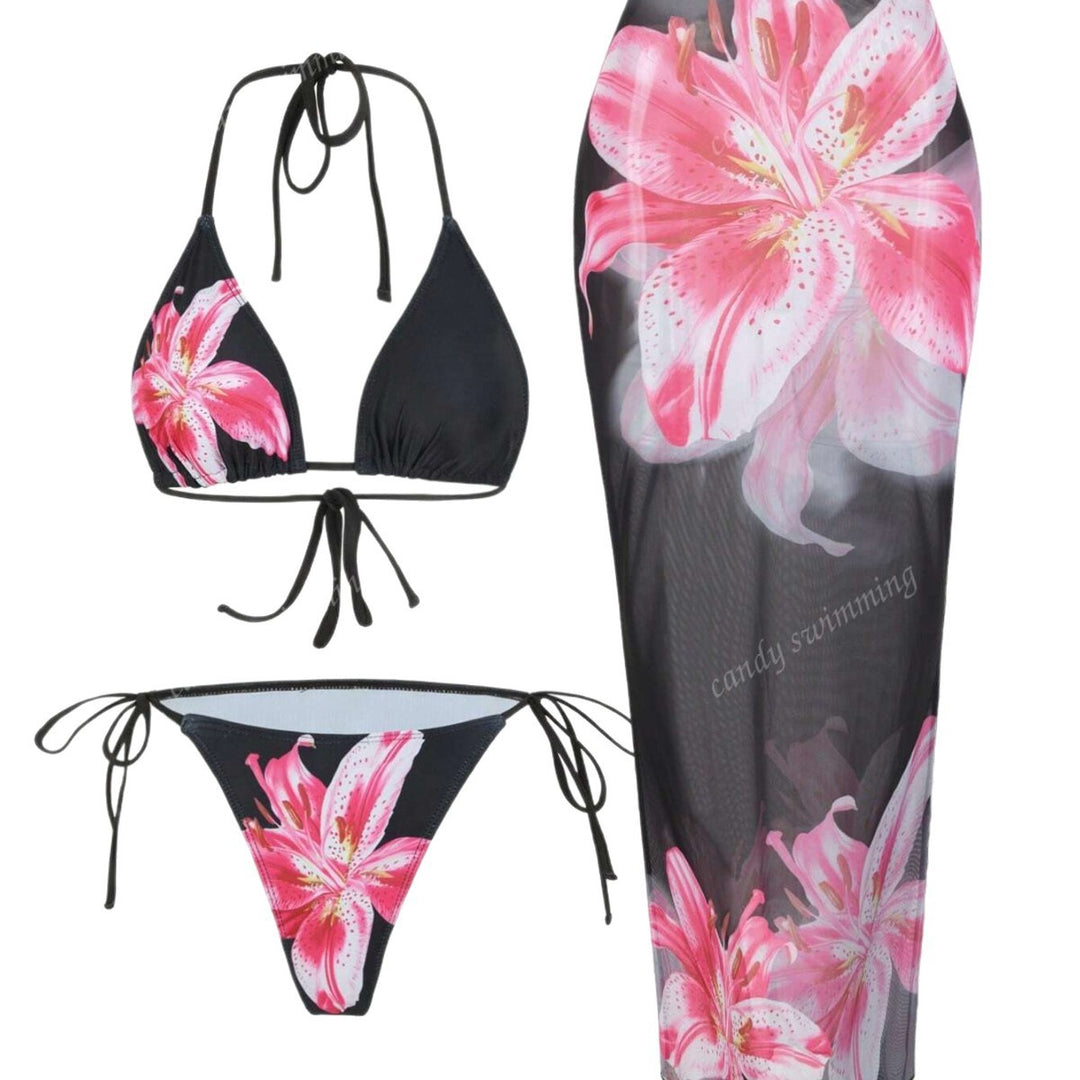 Damen Triangel-Bikini-Set mit floralen Mustern und transparentem Maxirock Echo Archiv