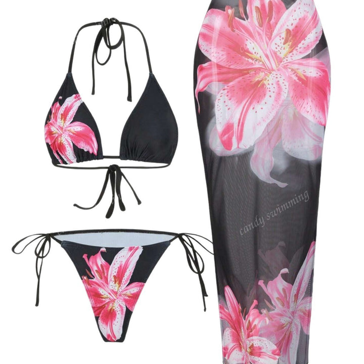 Damen Triangel-Bikini-Set mit floralen Mustern und transparentem Maxirock Echo Archiv
