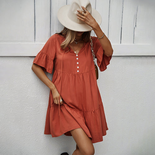 Damen Freizeitliches Kurzarm-Kleid mit femininem Rüschensaum und Knopfleiste Echo Archiv