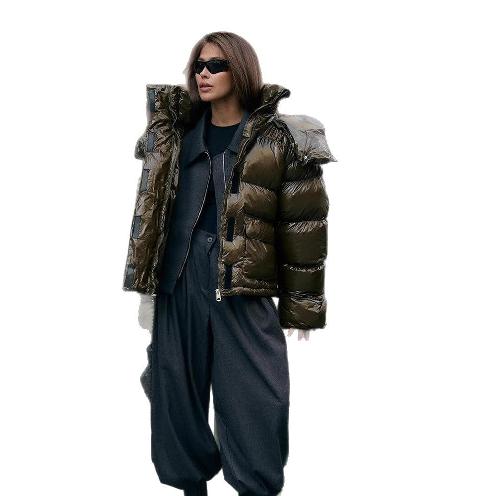 Damen wattierte Kurzjacke mit Hochglanzfinish, Oversize-Schnitt und Kapuze Echoarchiv