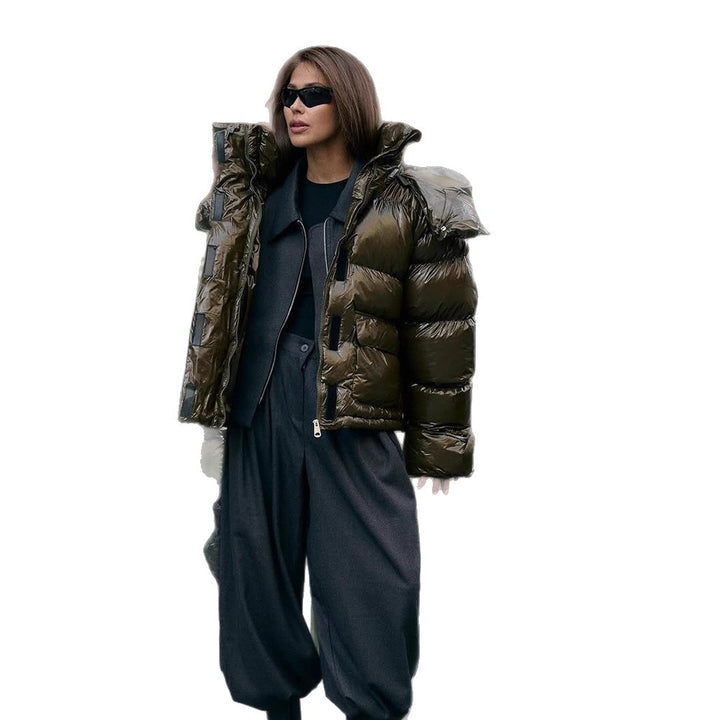 Damen wattierte Kurzjacke mit Hochglanzfinish, Oversize-Schnitt und Kapuze Echoarchiv