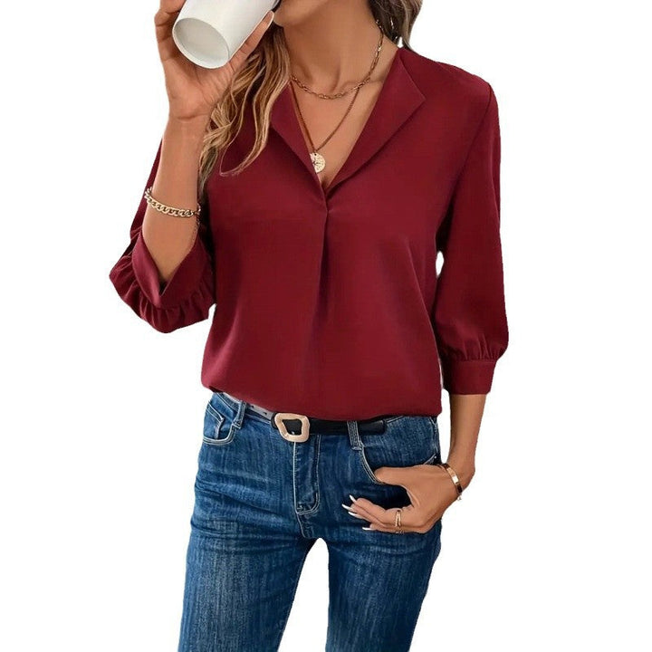Damen Elegante Viskosebluse mit 3/4-Ärmeln und V-Ausschnitt – Élovi
