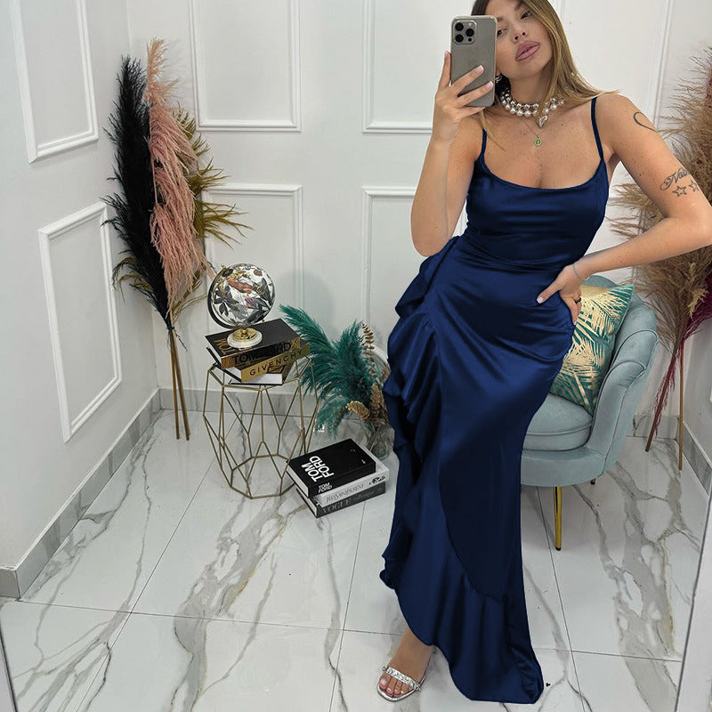 Damen elegantes Maxikleid mit asymmetrischem Rüschensaum und taillierter Silhouette Echo Archiv