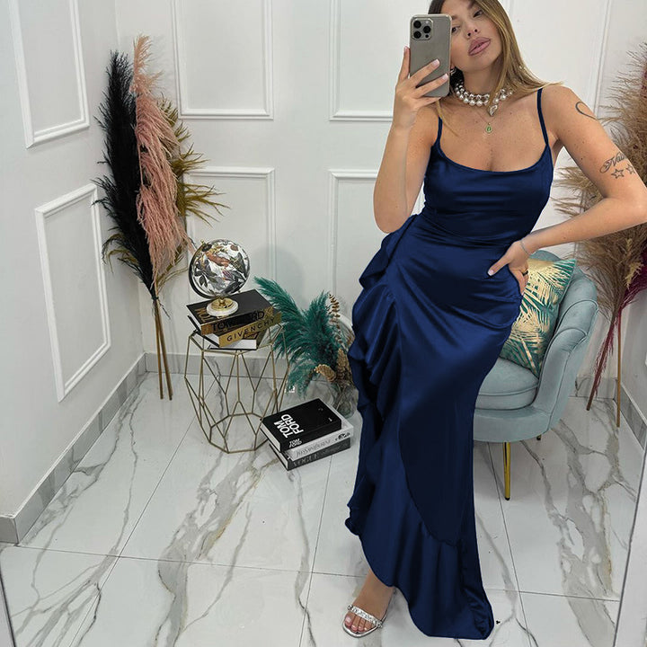 Damen elegantes Maxikleid mit asymmetrischem Rüschensaum und taillierter Silhouette Echo Archiv