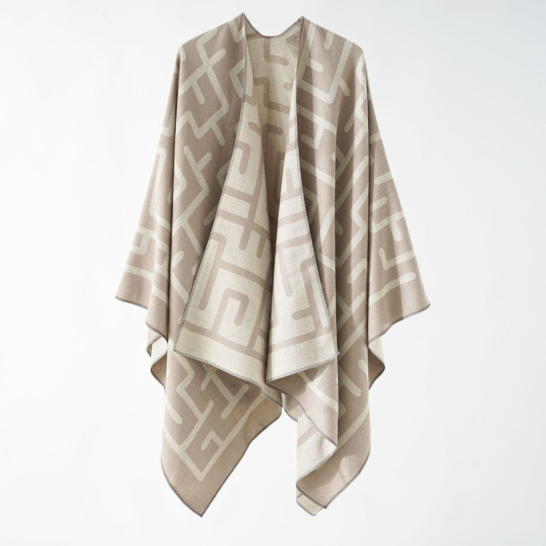 Damen Oversize-Doubleface-Überwurf mit geometrischem Jacquard und offener Front Echo Archiv