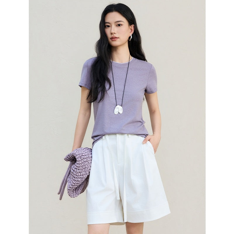Damen Feines geripptes Kurzarm-T-Shirt aus stretchigem Baumwoll-Modal mit Rundhals Echo Archiv