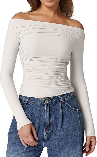 Damen Schulterfreies tailliertes Stretch-Longsleeve mit Raffung und figurbetonter Silhouette – Avérine
