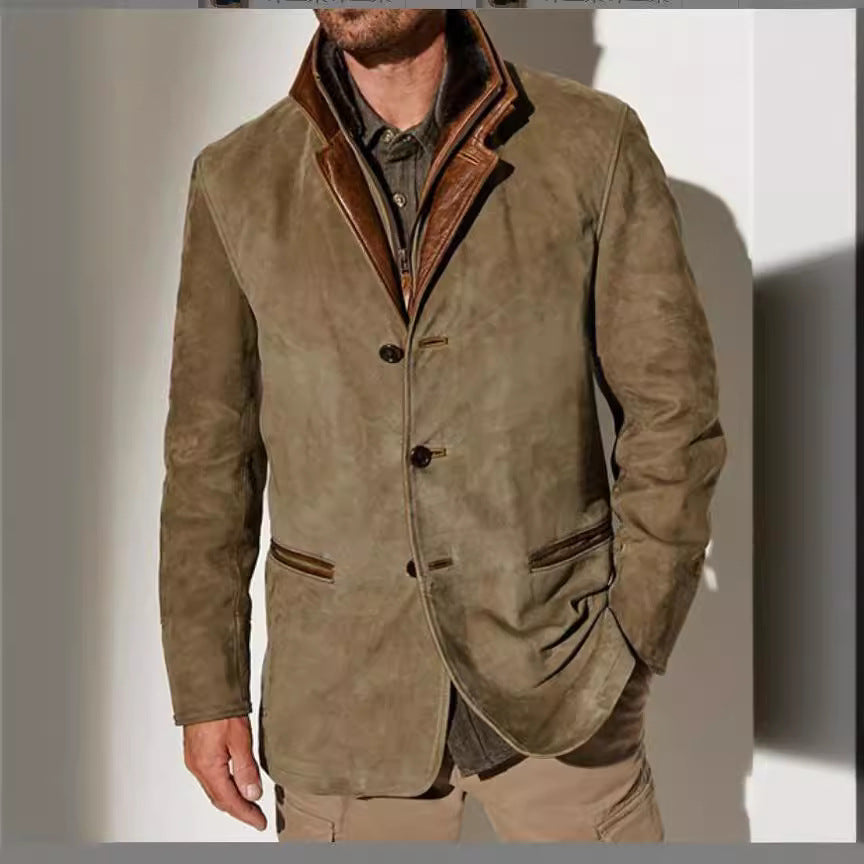 Herren stilvolle Wildlederjacke mit Kontrastkragen und praktischen Taschen Echoarchiv