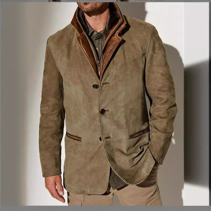 Herren stilvolle Wildlederjacke mit Kontrastkragen und praktischen Taschen Echoarchiv
