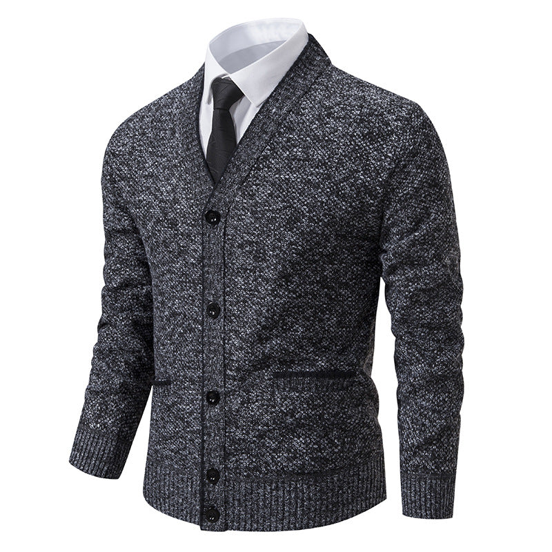 Herren nan melierter Strukturstrick-Cardigan mit V-Ausschnitt, Kontrastkanten und aufgesetzten Taschen Echo Archiv