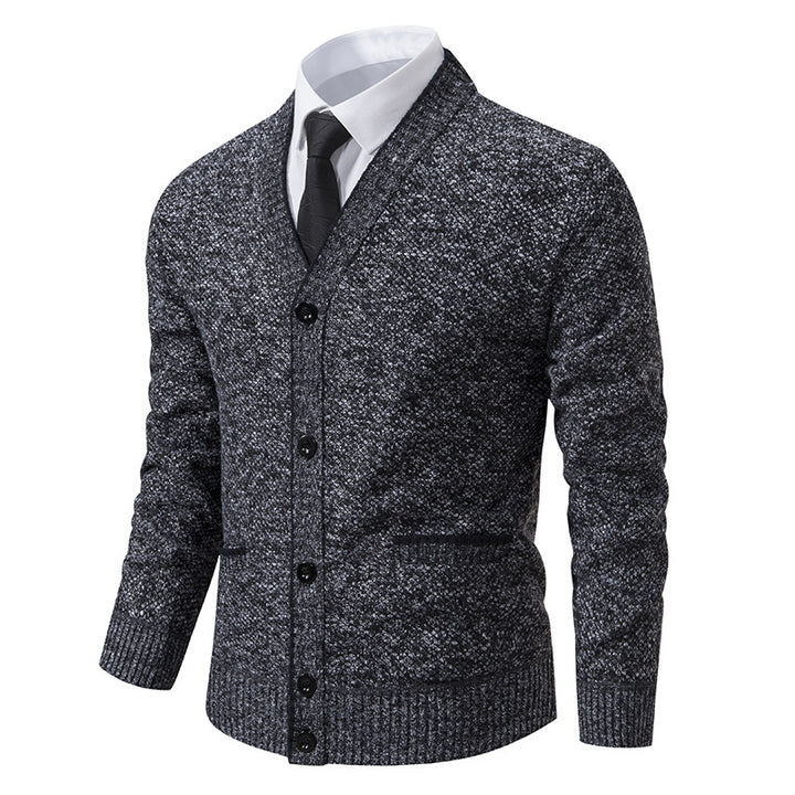 Herren nan melierter Strukturstrick-Cardigan mit V-Ausschnitt, Kontrastkanten und aufgesetzten Taschen Echo Archiv