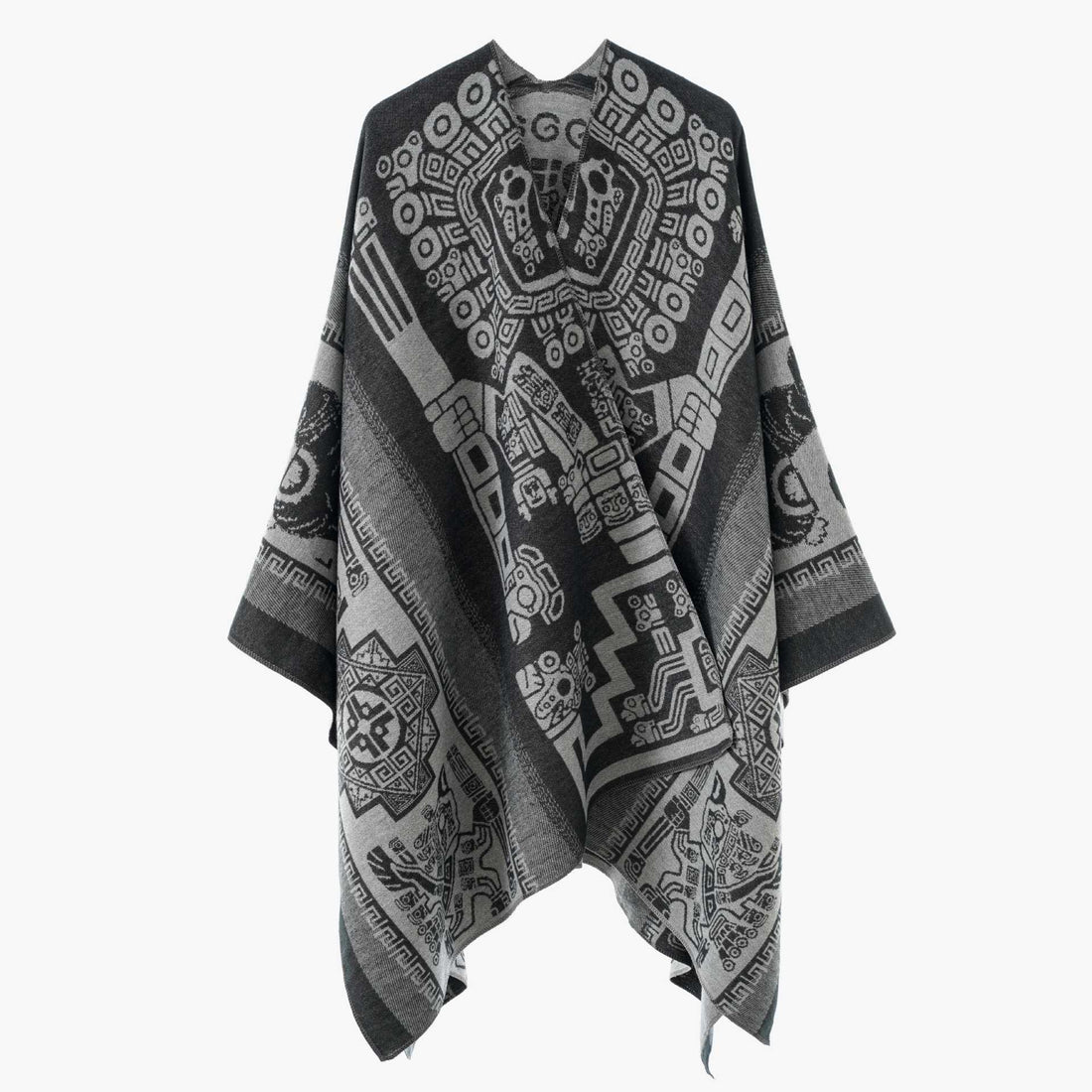 Damen Oversize‑Jacquard‑Wrapcape mit geometrischem Aztekenmuster – Célinea