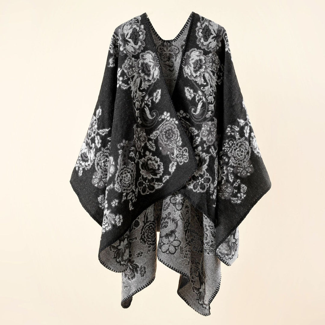 Damen Reversibler Strick-Umhang mit floraler Jacquard‑Webung und Zierkettelnaht – Veloura