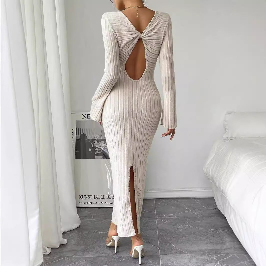 Damen geripptes Midaxi-Kleid mit U-Ausschnitt, figurbetonter Stretch-Silhouette und ausgestellten Ärmeln – Élara