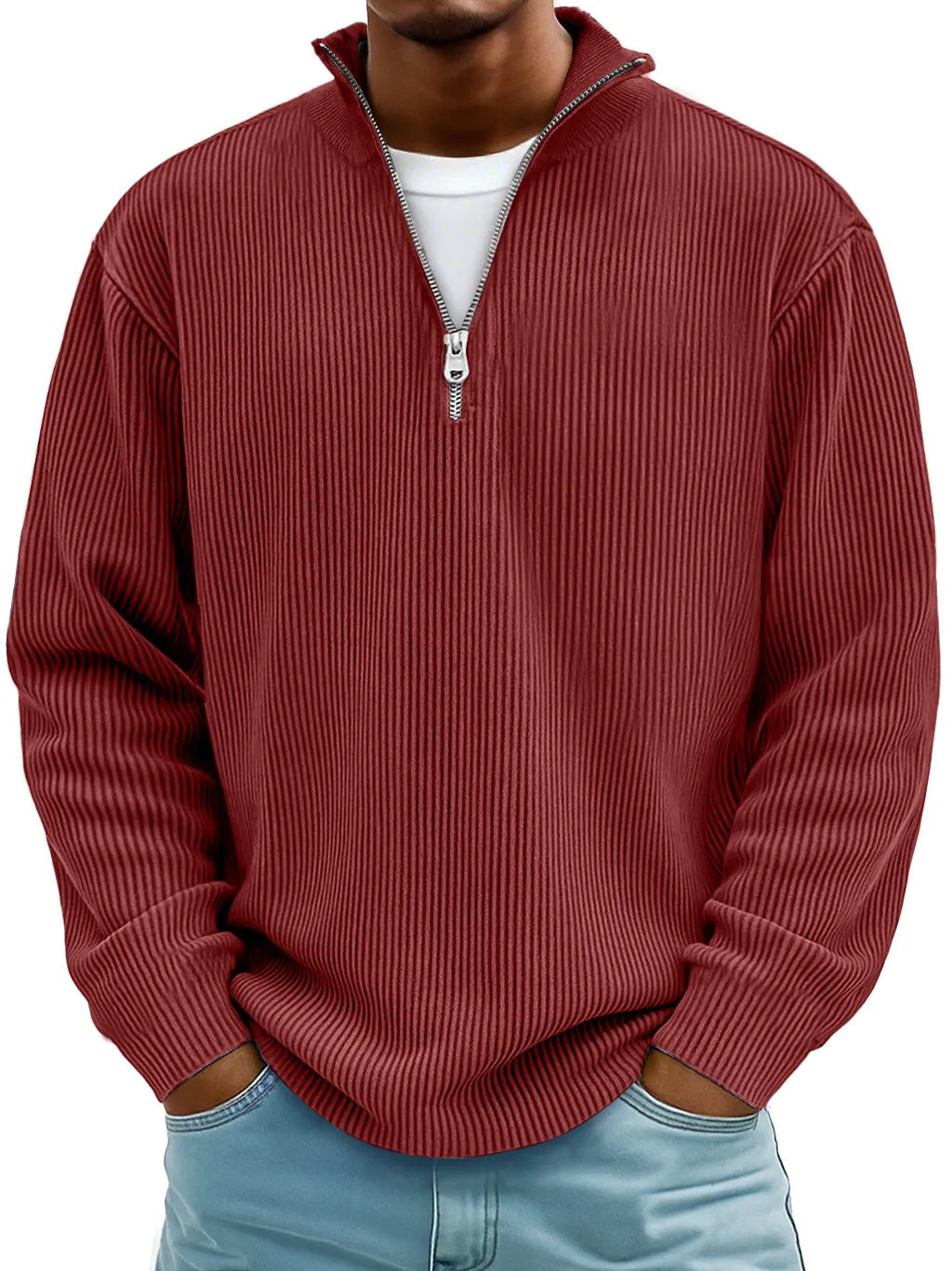 Herren nan gerippter Strickpullover mit halbem Reißverschluss und Stehkragen Echo Archiv