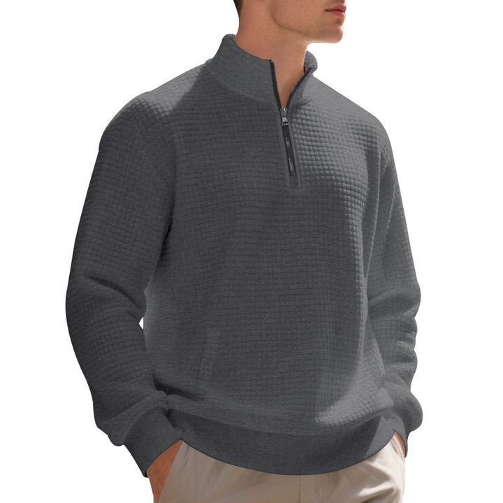 Herren Waffelstrick-Halbzip-Pullover mit Stehkragen, Kängurutasche & gerippten Abschlüssen – Cavarno