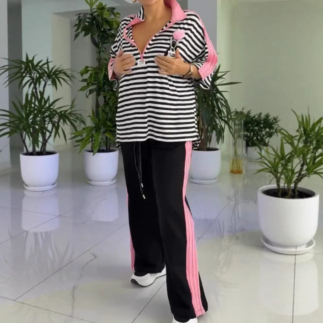 Damen nan lässiges zweiteiliges Polo-Lounge-Set mit Oversize-Streifen, Pompom-Applikation und kontrastierenden Seitenbahnen Echo Archiv