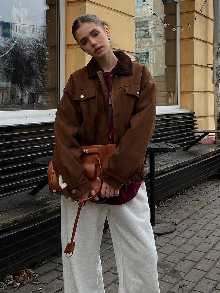 Damen Boxy-Suede-Blousonjacke mit Cordkragen und Teddyfutter Echoarchiv