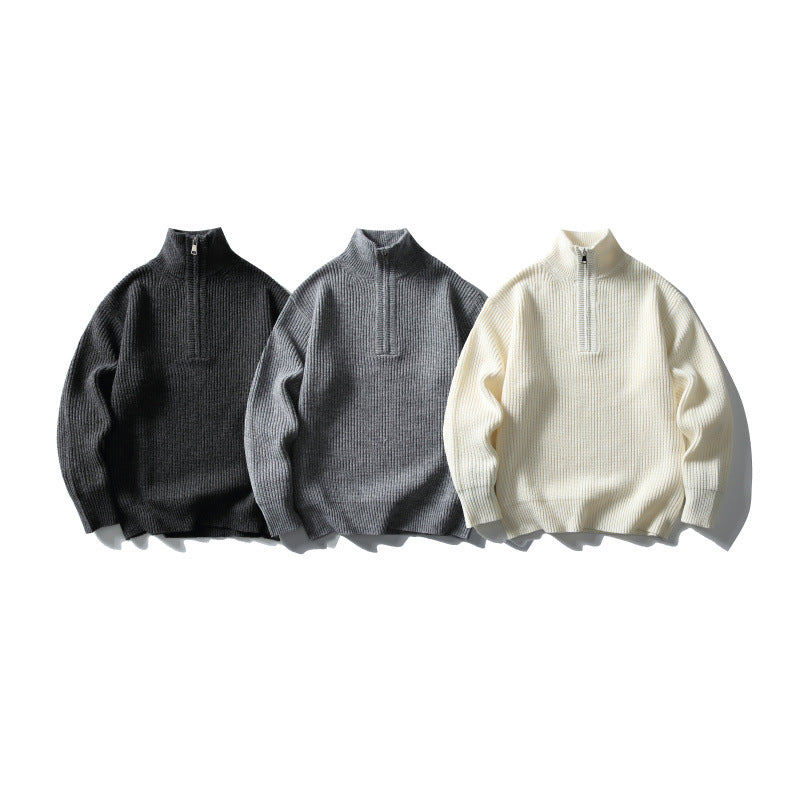 Unisex Strukturierter Halbzip-Strickpullover mit hohem Stehkragen und geripptem Rippstrick Echo Archiv