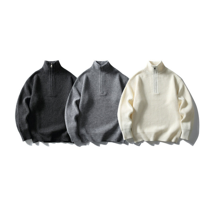 Unisex Strukturierter Halbzip-Strickpullover mit hohem Stehkragen und geripptem Rippstrick Echo Archiv