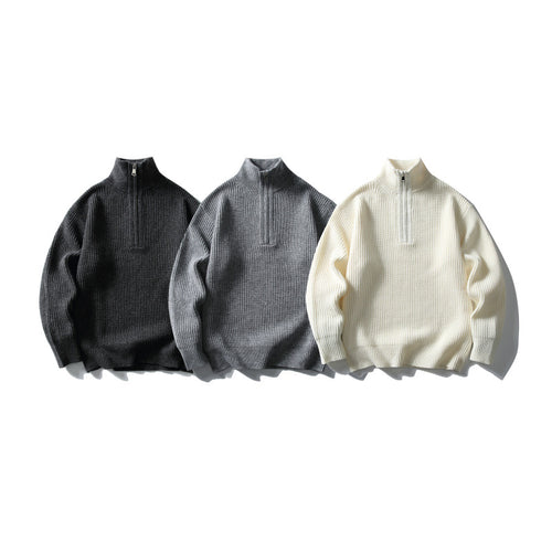 Unisex Strukturierter Halbzip-Strickpullover mit hohem Stehkragen und geripptem Rippstrick Echo Archiv