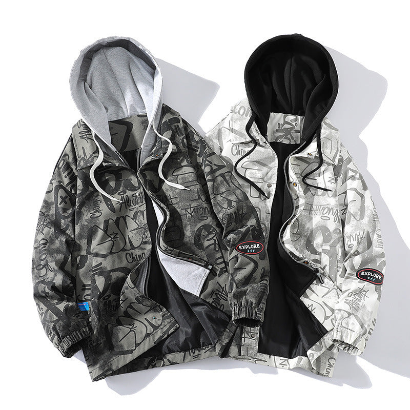 Herren Graffiti-Print Kapuzenparka mit Zip-In Fleece-Innenlayer Echoarchiv