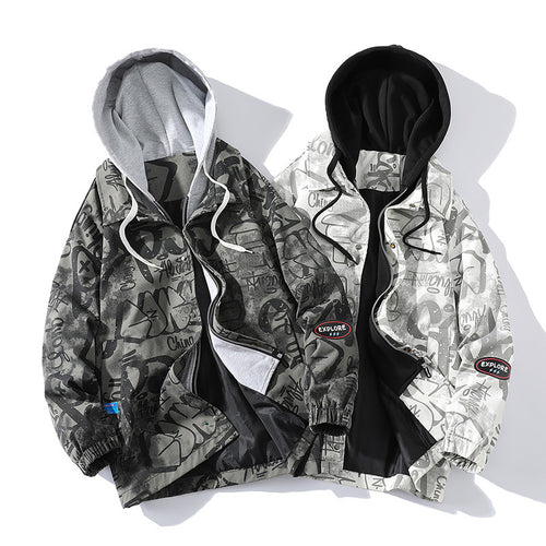 Herren Graffiti-Print Kapuzenparka mit Zip-In Fleece-Innenlayer Echoarchiv