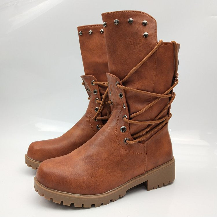 Damen nan robuste Worker-Boots mit dekorativer Wickelschnürung, Metallösen und profilierter Gummilaufsohle Echo Archiv