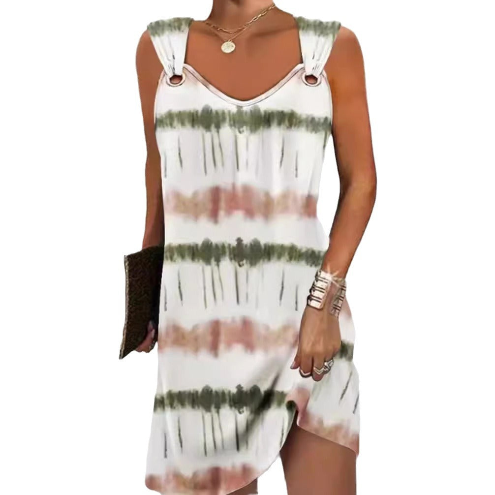 Damen nan ärmelloses V-Ausschnitt-Sommerkleid mit dekorativen Metallösen an breiten Trägern und lässiger A-Linien-Silhouette Echo Archiv