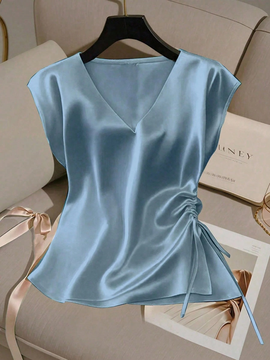 Damen Satinbluse mit seitlichem Kordelzug und V-Ausschnitt Echoarchiv