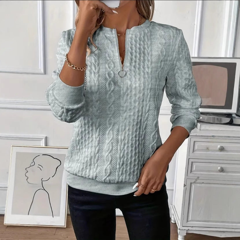 Damen Strukturierte Zopfmuster Sweatshirt mit Halbreißverschluss und Rippbündchen Echoarchiv